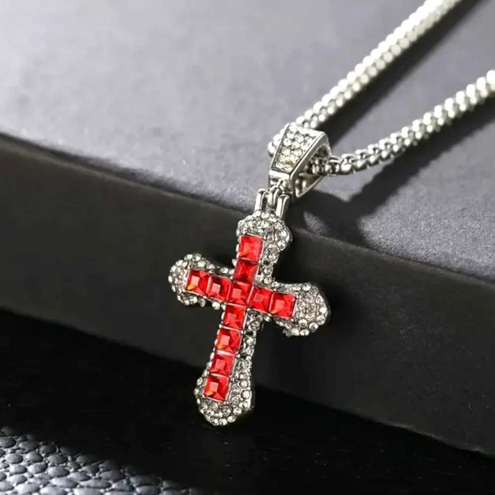 Elegant Red and Silver Cross Pendant Necklace For Adults